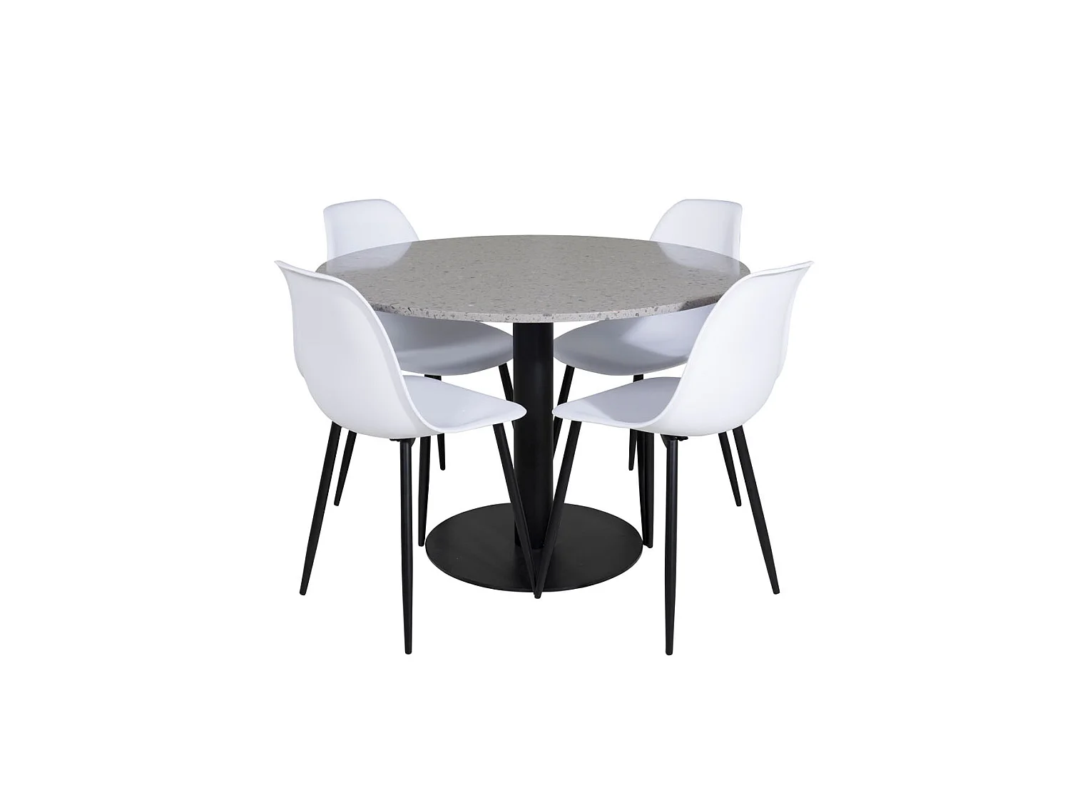 RazziaGR ensemble table, table terrazzo gris et 4 Polar chaises blanc.