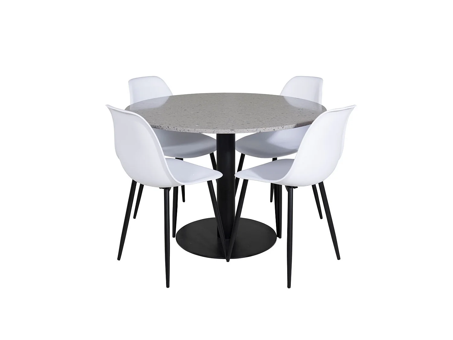 RazziaGR ensemble table, table terrazzo gris et 4 Polar chaises blanc.