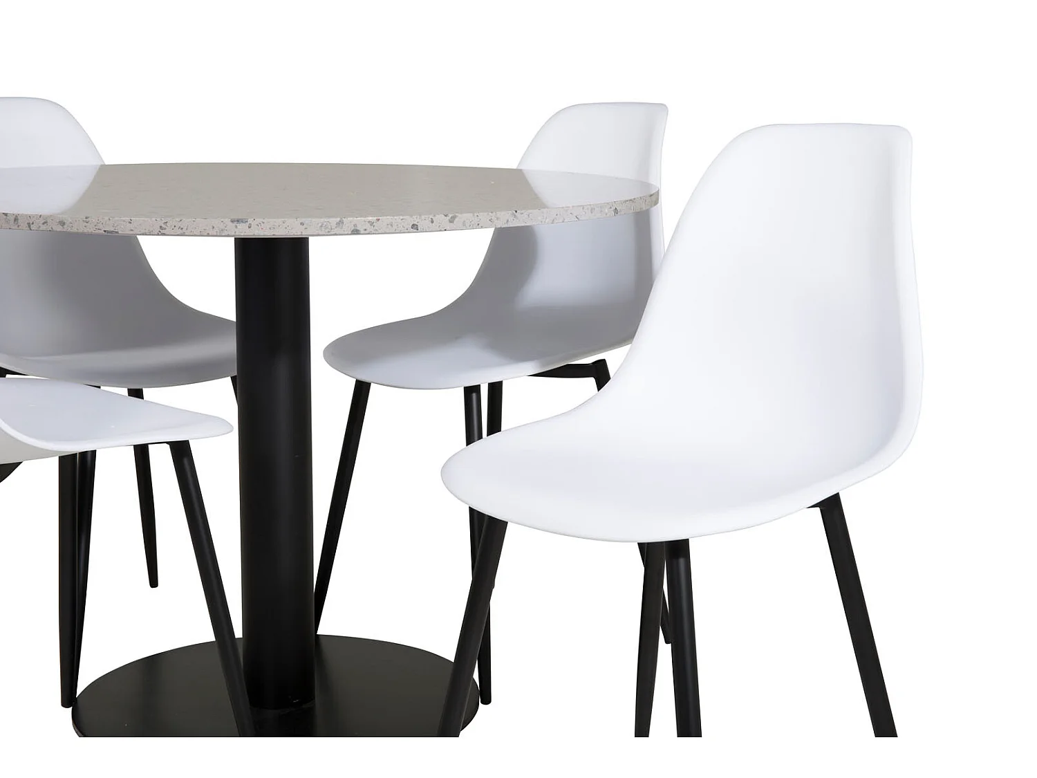 RazziaGR ensemble table, table terrazzo gris et 4 Polar chaises blanc.