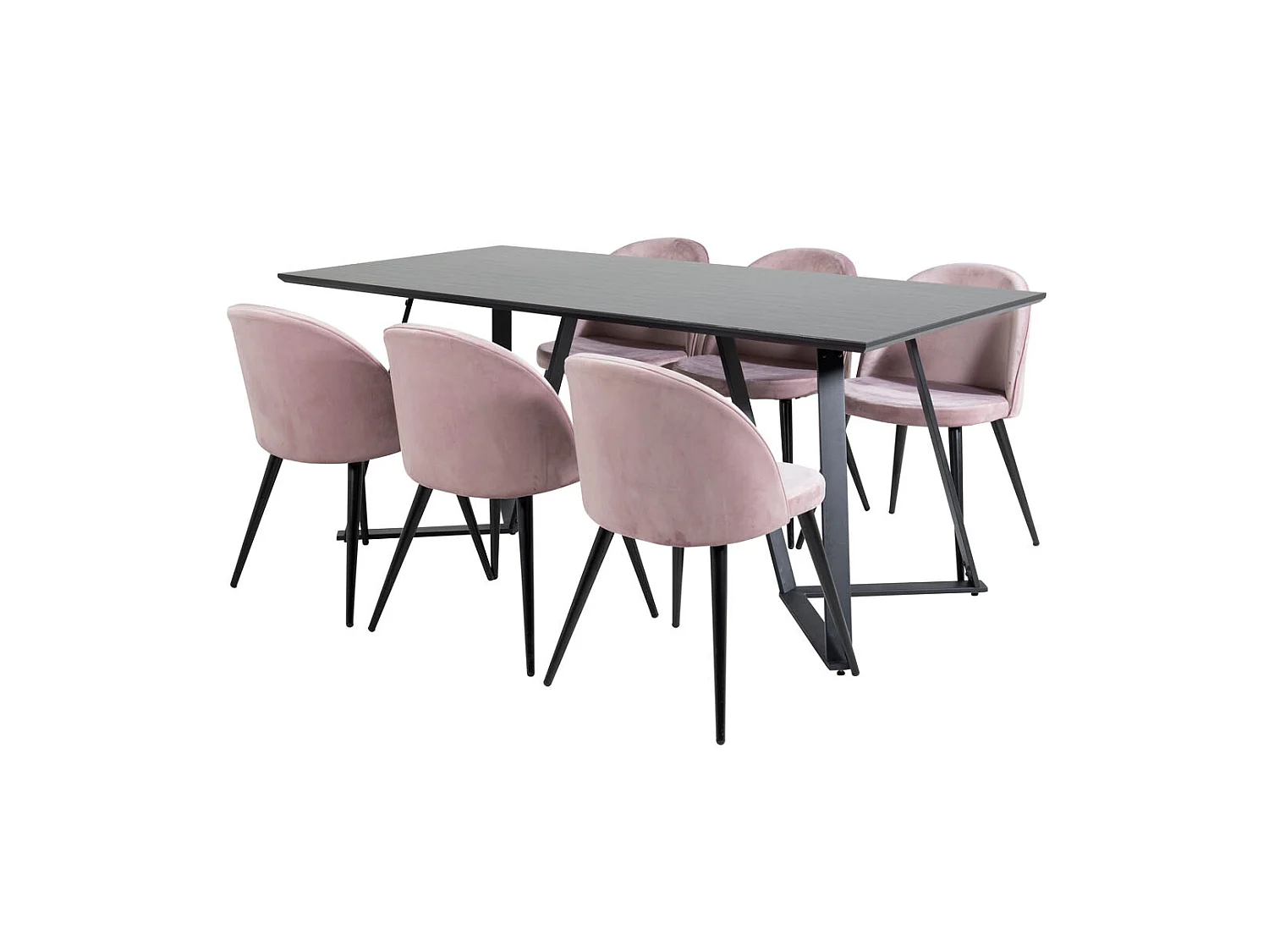 MarinaBLBL ensemble table, table noir et 6 Velvet chaises Velours rose, noir.