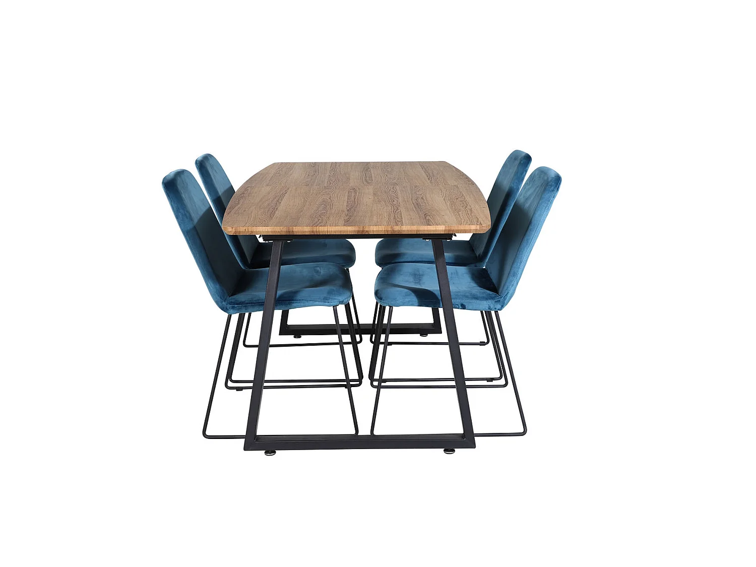 IncaNABL ensemble table, table extensible longueur cm160 / 200 El bois décor et 4 Muce chaises Velours bleu.