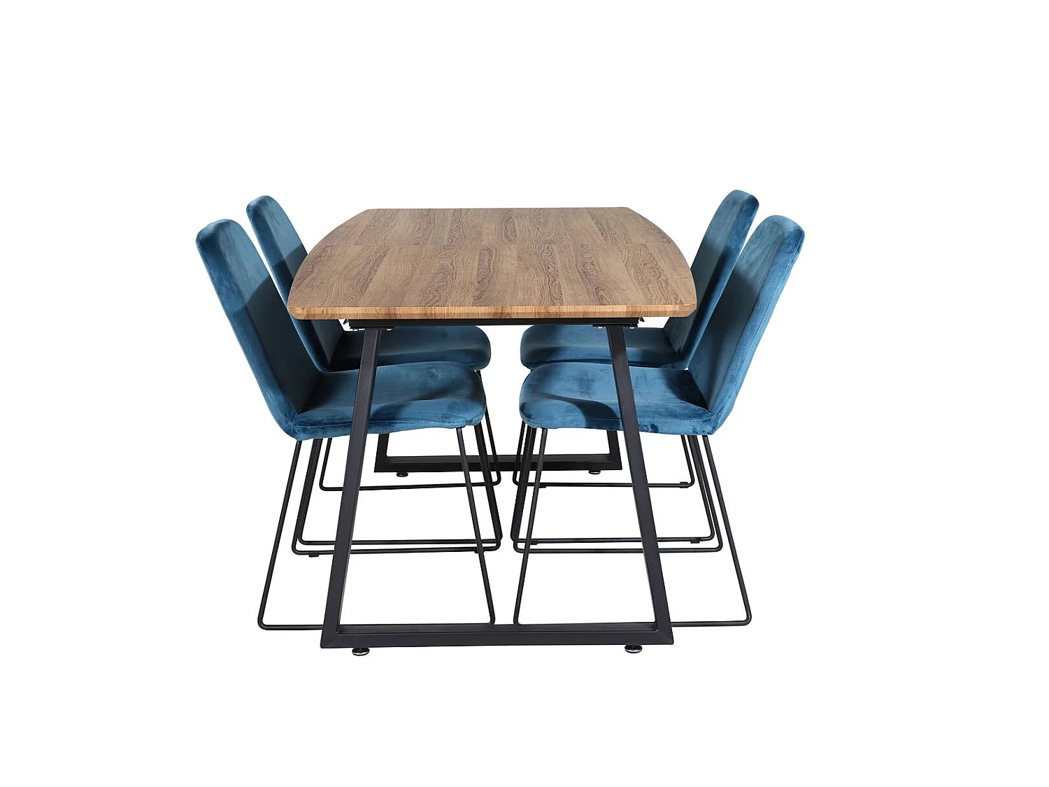 IncaNABL ensemble table, table extensible longueur cm160 / 200 El bois décor et 4 Muce chaises Velours bleu.
