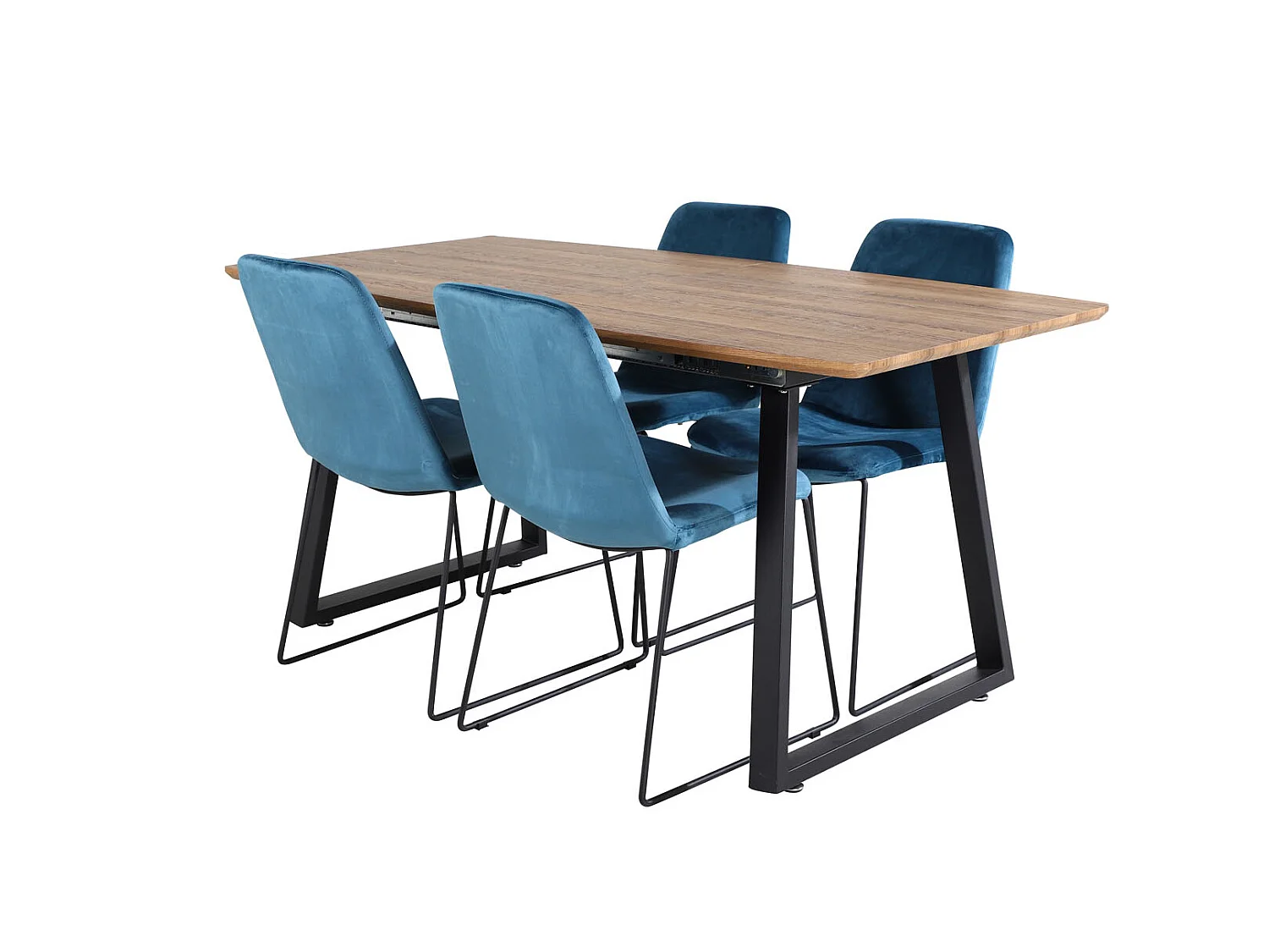 IncaNABL ensemble table, table extensible longueur cm160 / 200 El bois décor et 4 Muce chaises Velours bleu.