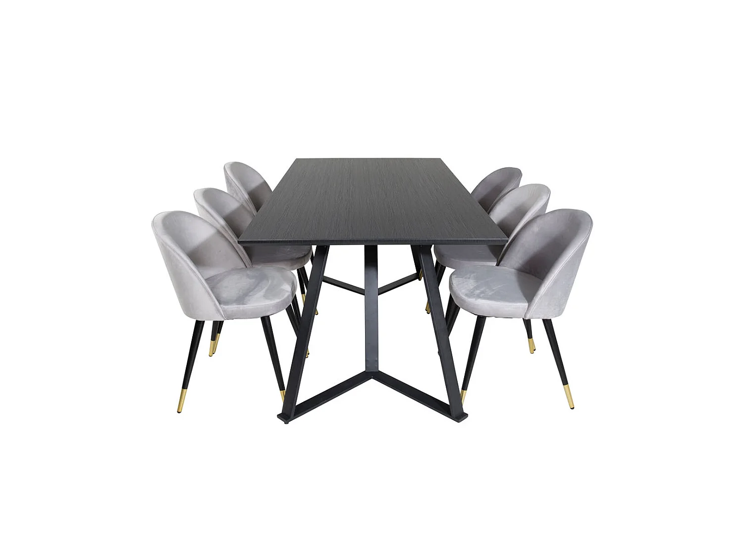 MarinaBLBL ensemble table, table noir et 6 Velvet chaises Velours grisclair.