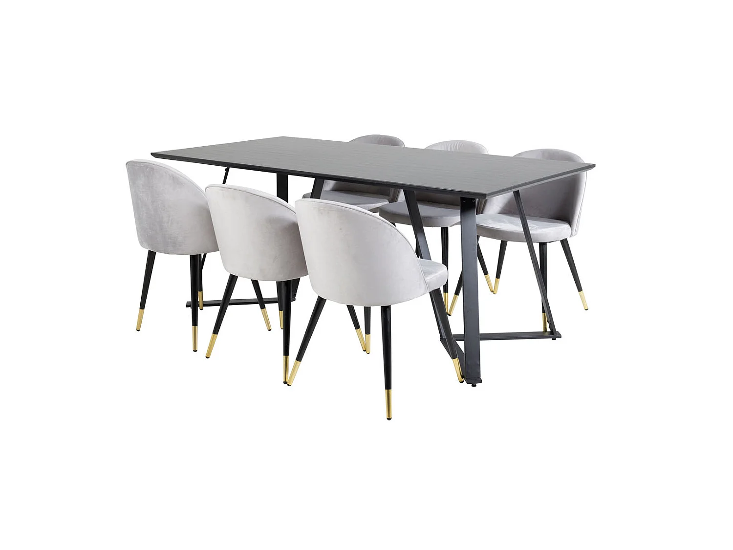 MarinaBLBL eethoek eetkamertafel zwart en 6 Velvet eetkamerstal velours lichtgrijs.