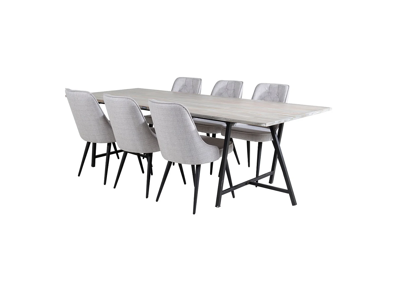 Jepara ensemble table, table teck et 6 Velvet Deluxe chaises grisclair, noir.