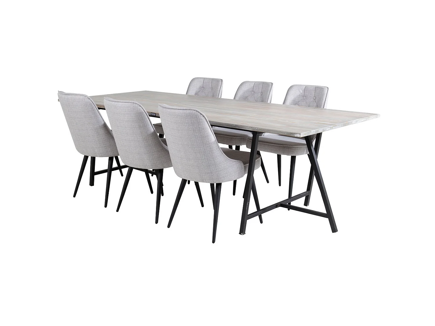 Jepara ensemble table, table teck et 6 Velvet Deluxe chaises grisclair, noir.