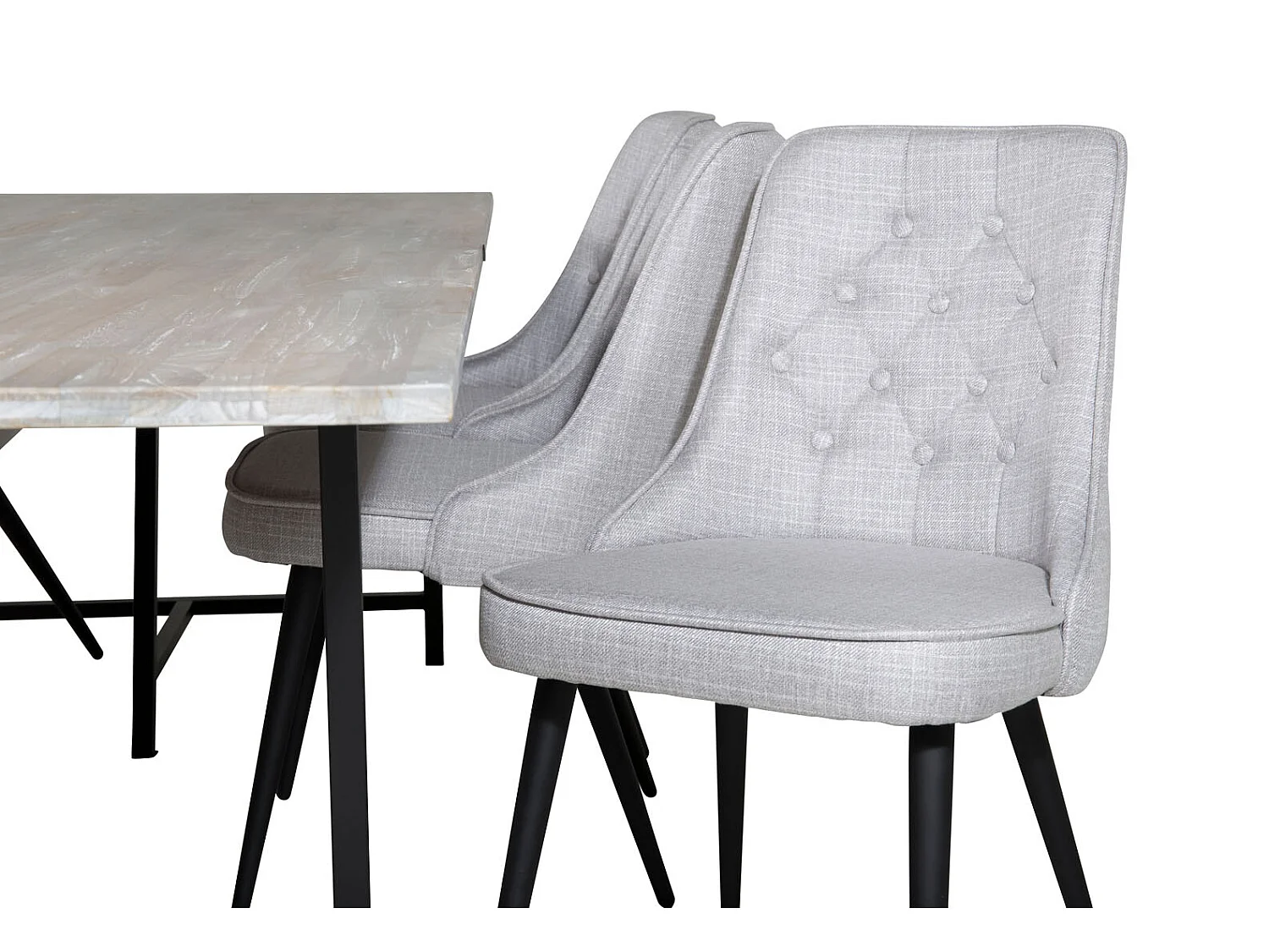 Jepara ensemble table, table teck et 6 Velvet Deluxe chaises grisclair, noir.