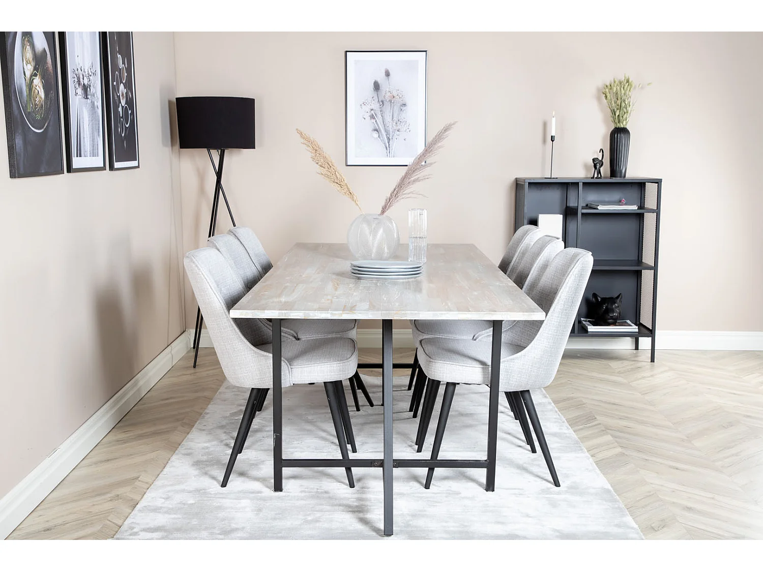 Jepara ensemble table, table teck et 6 Velvet Deluxe chaises grisclair, noir.