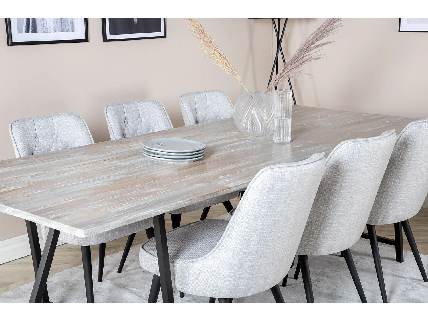 Jepara ensemble table, table teck et 6 Velvet Deluxe chaises grisclair, noir.