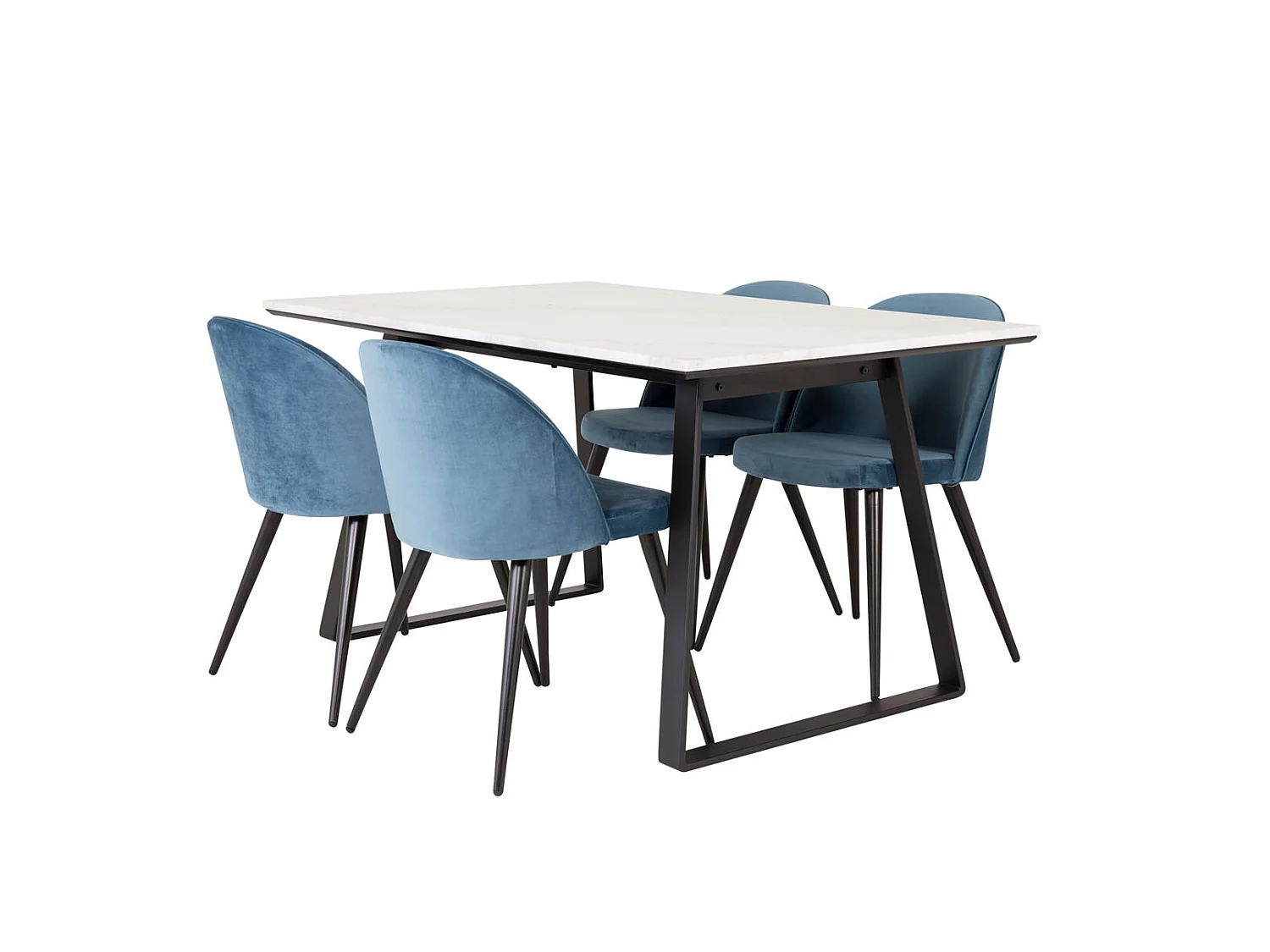 Estelle eethoek eetkamertafel marmer wit en 4 Velvet eetkamerstal velours blauw, zwart.