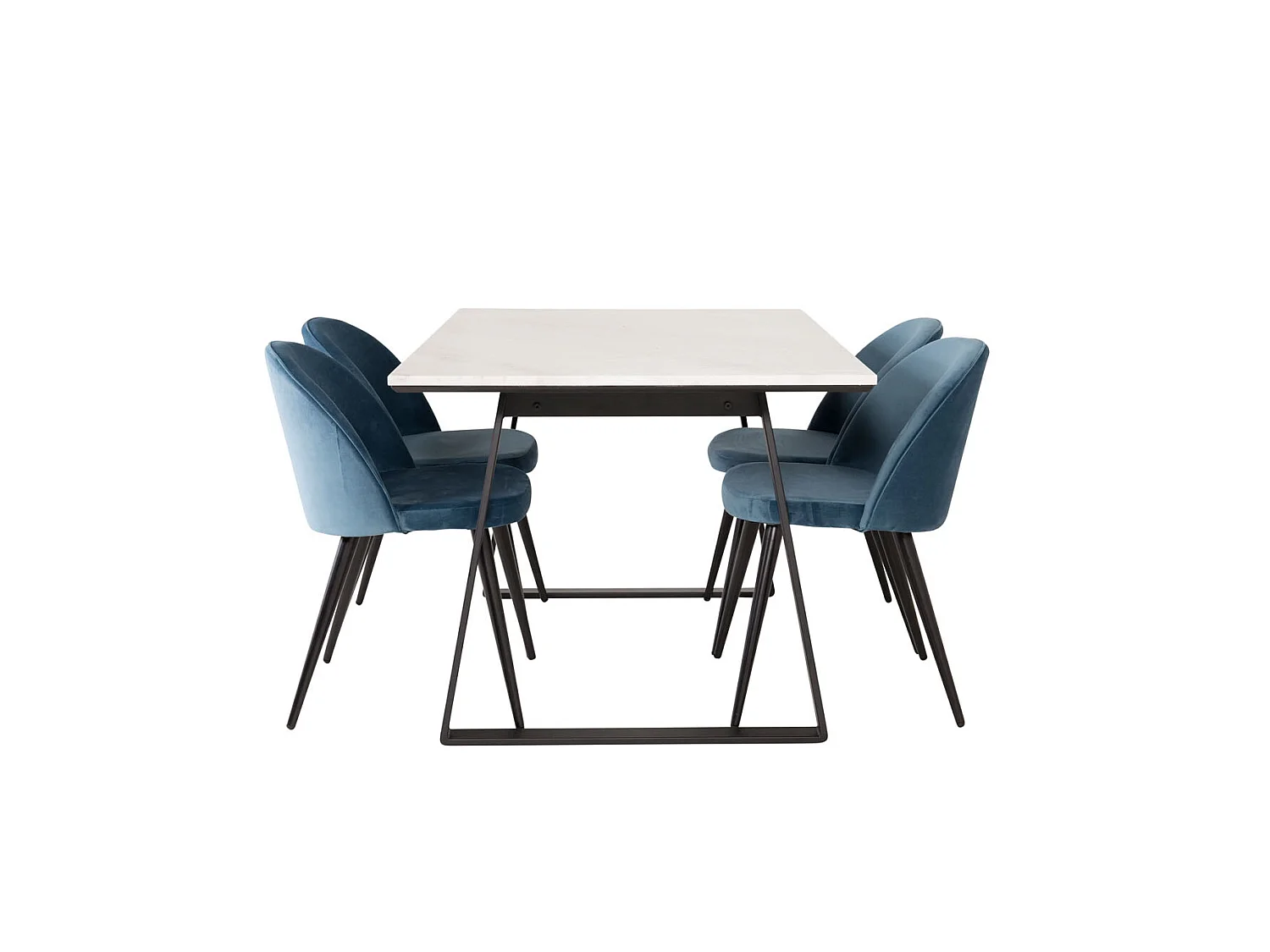 Estelle ensemble table, table marbre blanc et 4 Velvet chaises Velours bleu, noir.