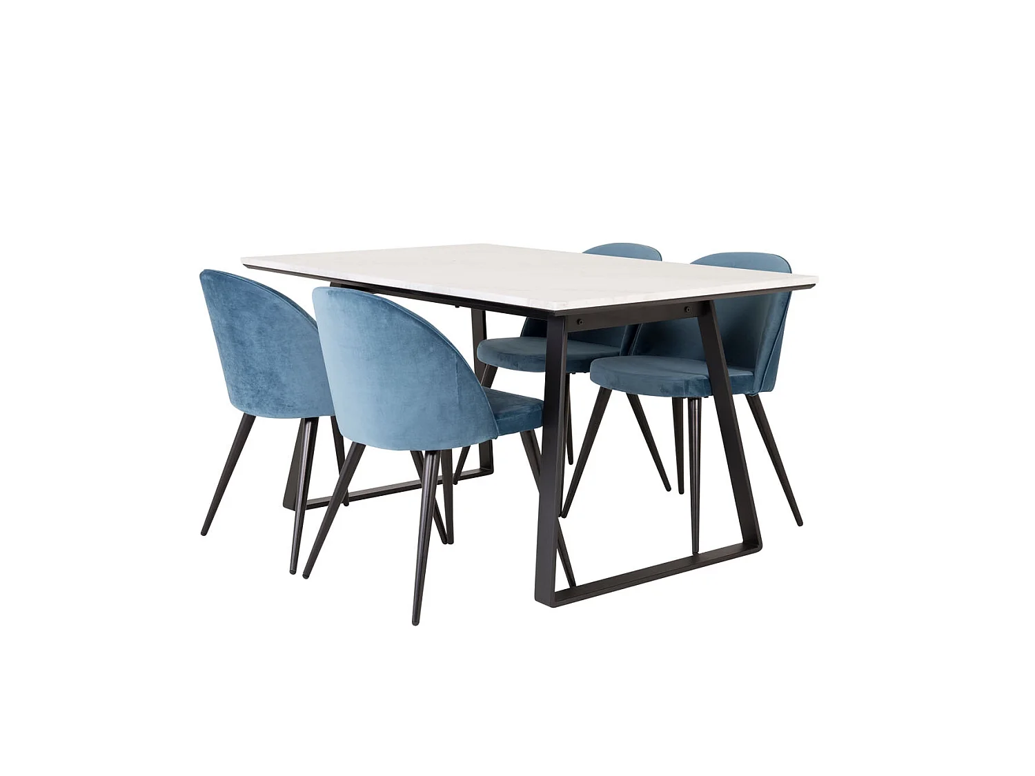 Estelle ensemble table, table marbre blanc et 4 Velvet chaises Velours bleu, noir.