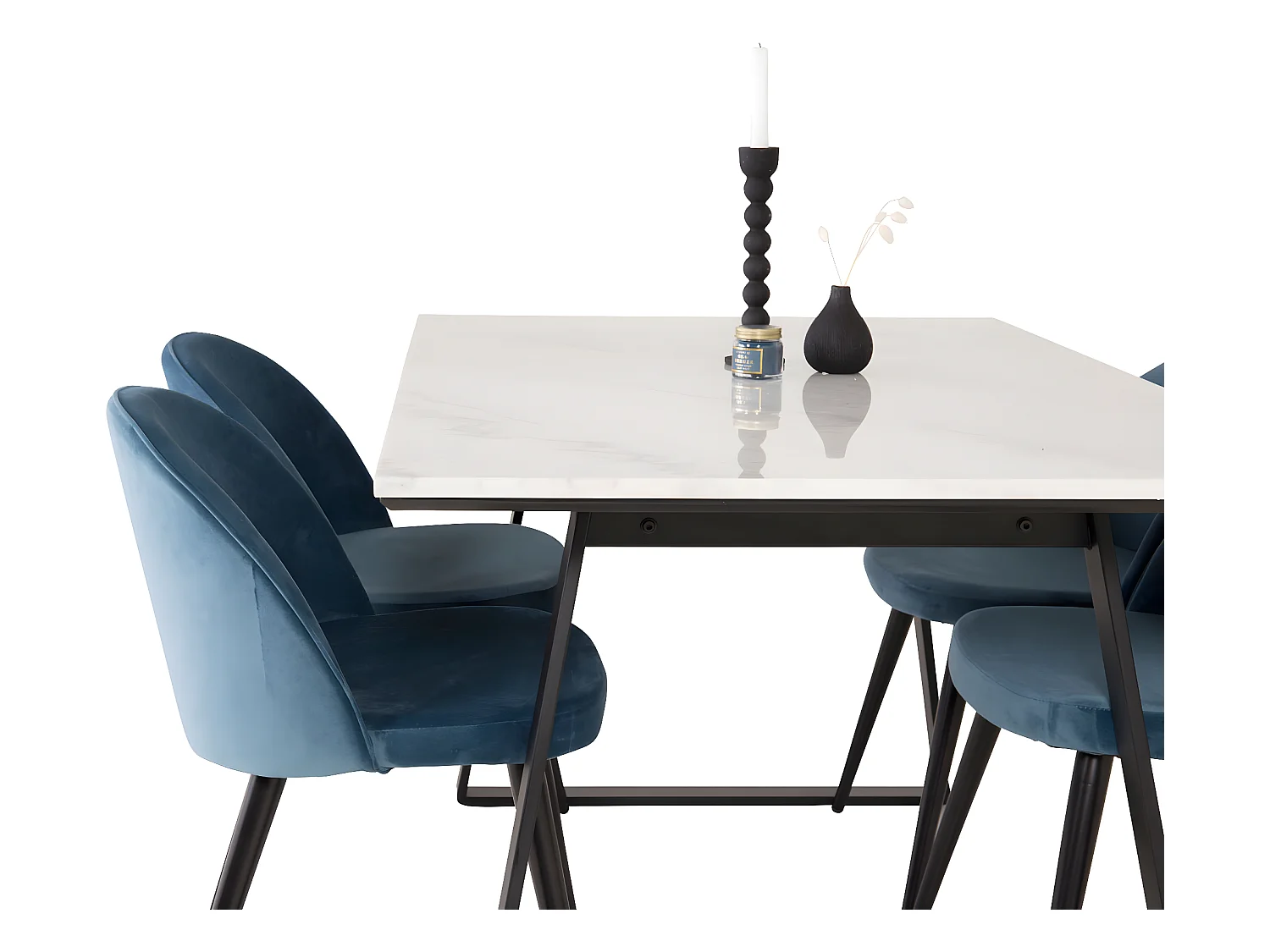 Estelle ensemble table, table marbre blanc et 4 Velvet chaises Velours bleu, noir.