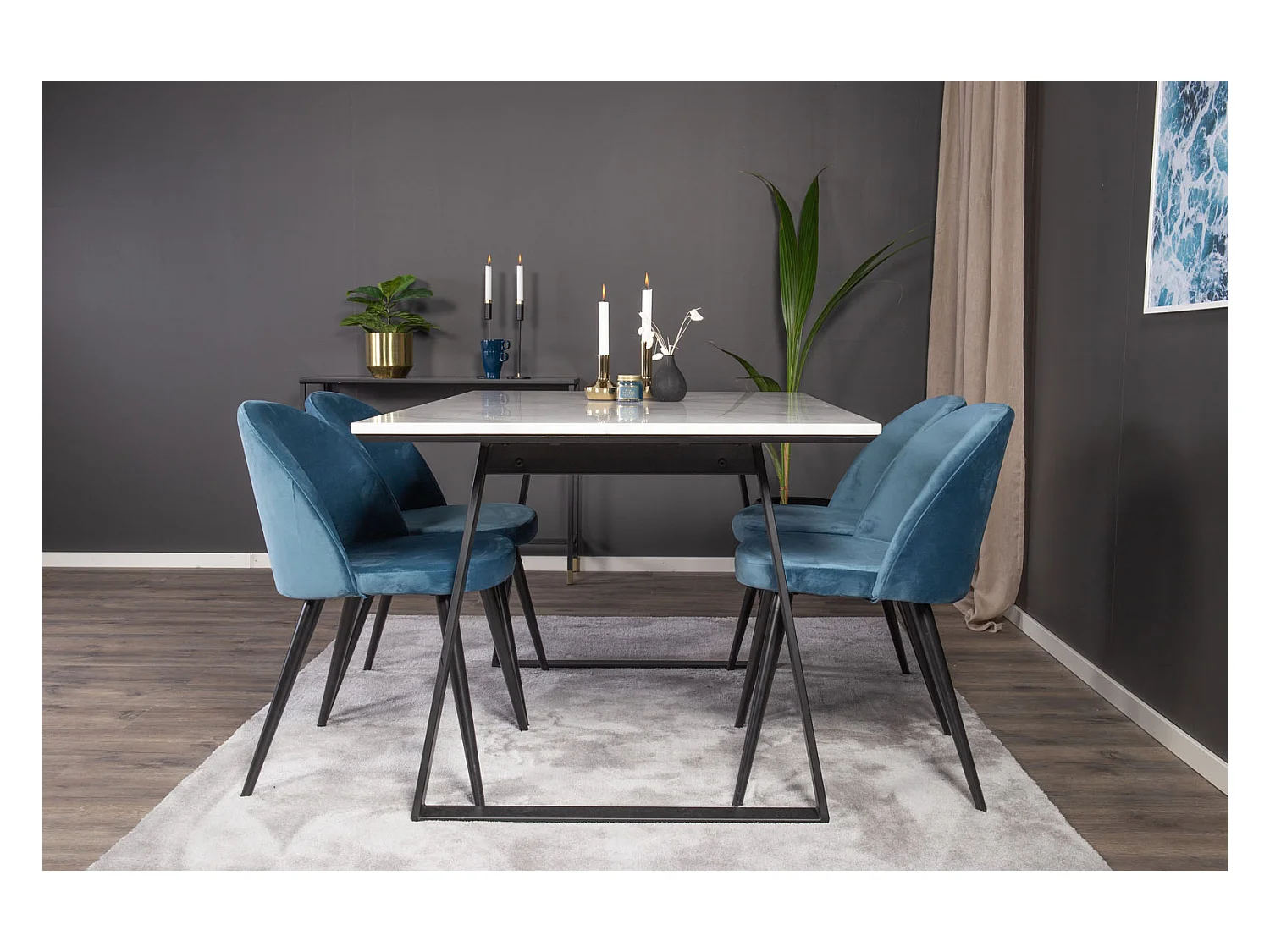 Estelle ensemble table, table marbre blanc et 4 Velvet chaises Velours bleu, noir.