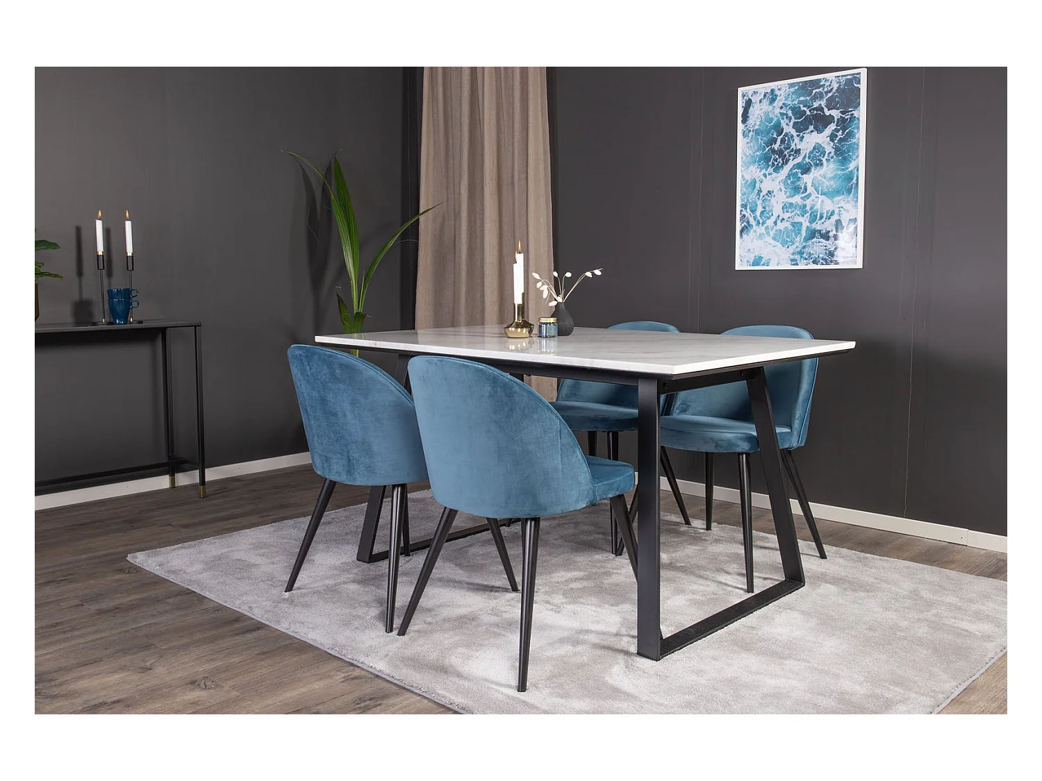 Estelle ensemble table, table marbre blanc et 4 Velvet chaises Velours bleu, noir.