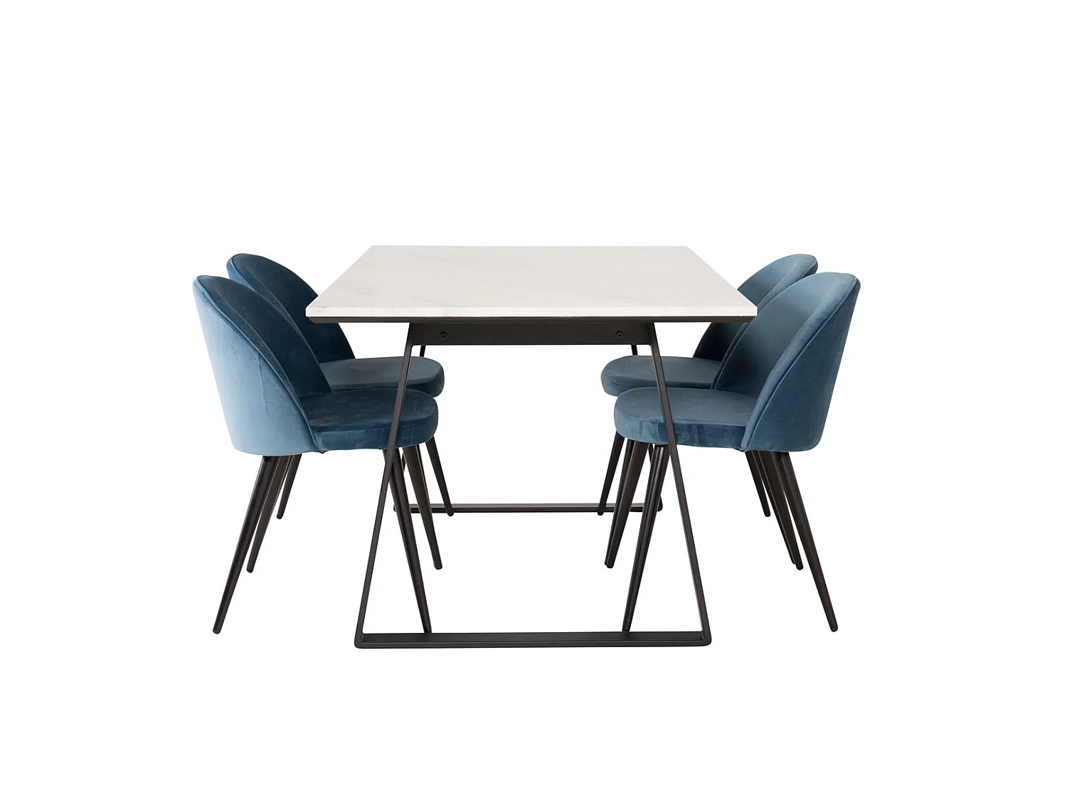 Estelle ensemble table, table marbre blanc et 4 Velvet chaises Velours bleu, noir.