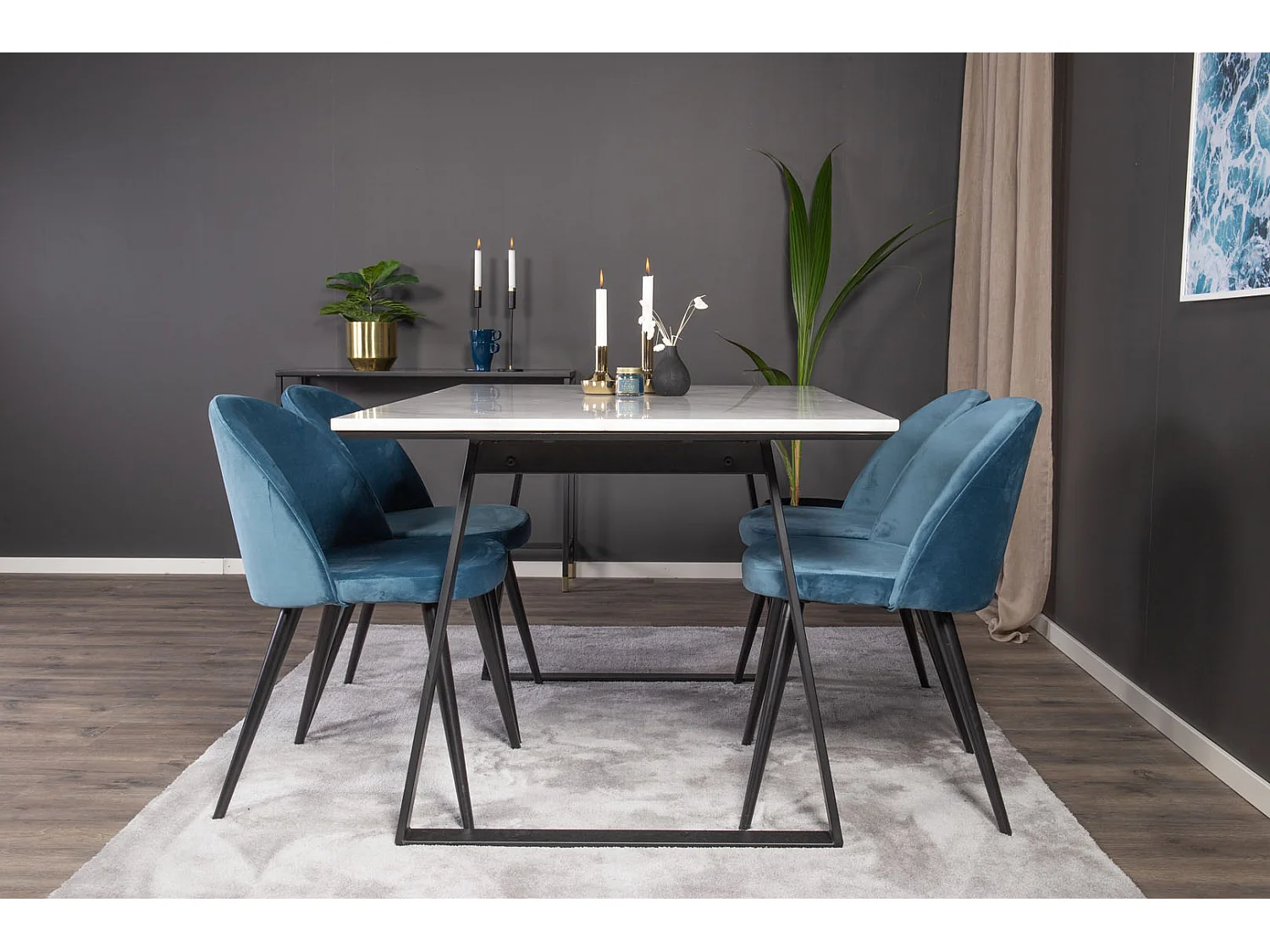 Estelle ensemble table, table marbre blanc et 4 Velvet chaises Velours bleu, noir.