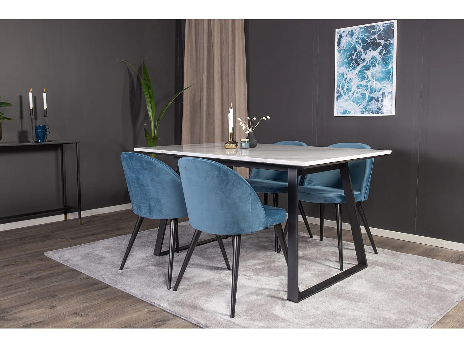 Estelle ensemble table, table marbre blanc et 4 Velvet chaises Velours bleu, noir.