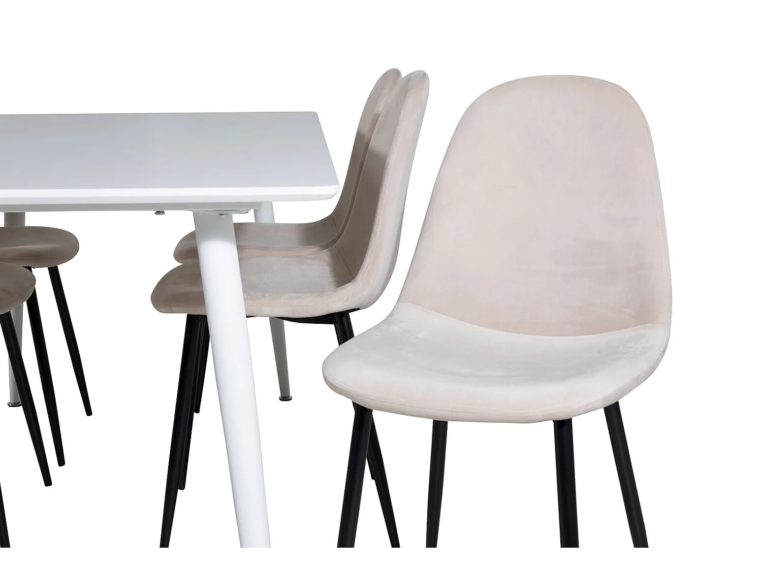 Polar180X90WHWH ensemble table, table blanc et 6 Polar chaises Velours beige.
