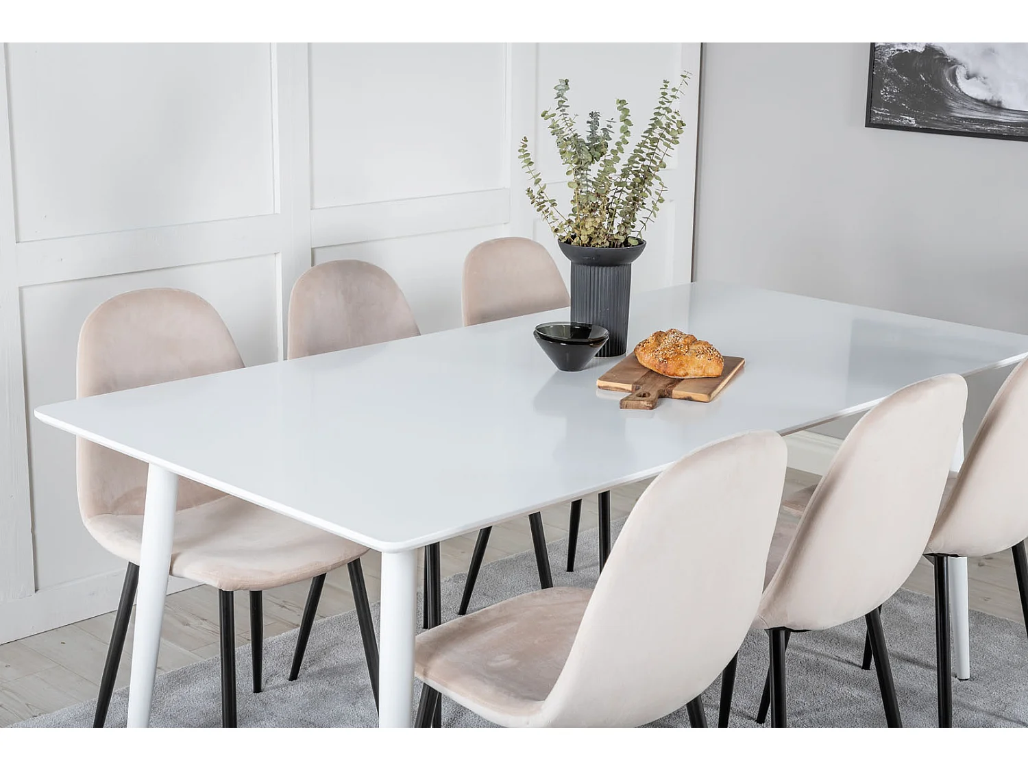 Polar180X90WHWH ensemble table, table blanc et 6 Polar chaises Velours beige.