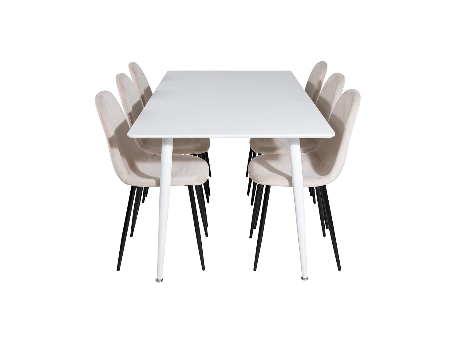 Polar180X90WHWH eethoek eetkamertafel wit en 6 Polar eetkamerstal velours beige.