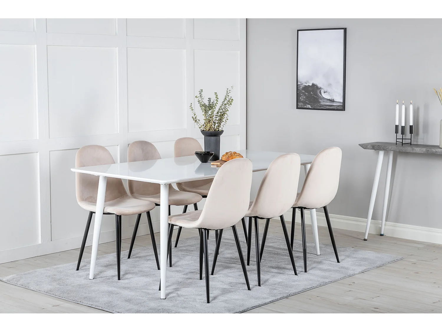 Polar180X90WHWH eethoek eetkamertafel wit en 6 Polar eetkamerstal velours beige.