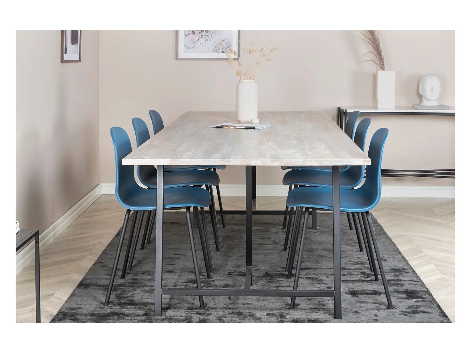 Jepara ensemble table, table teck et 6 Arctic chaises bleu, noir.