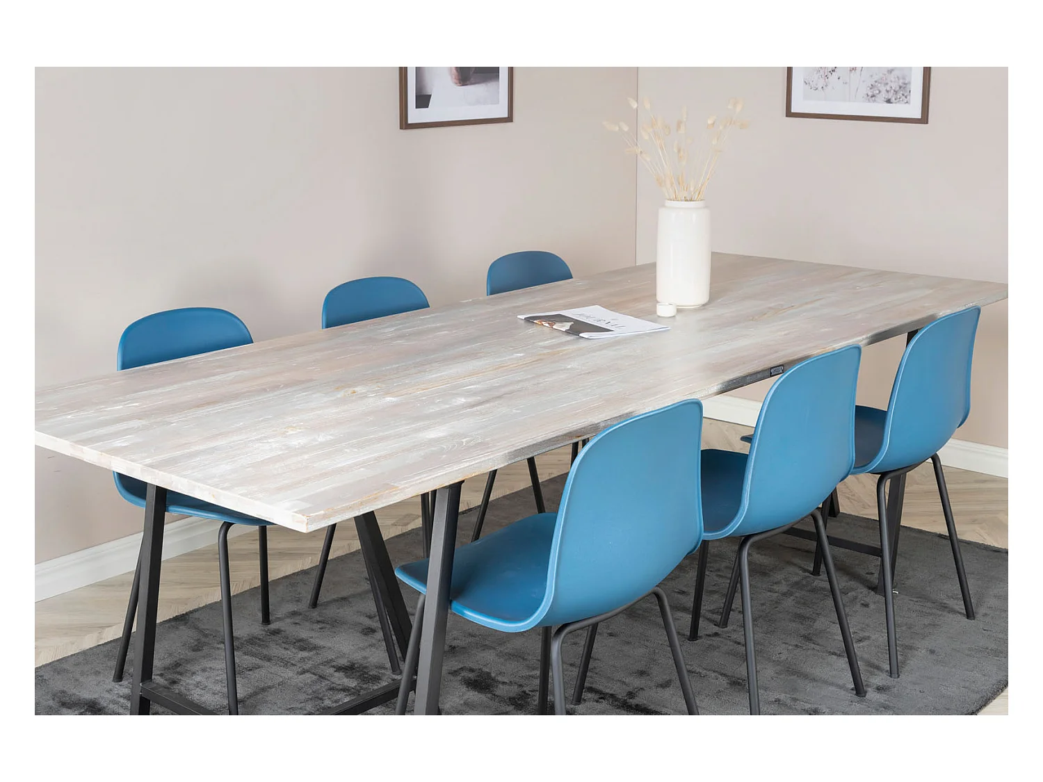 Jepara ensemble table, table teck et 6 Arctic chaises bleu, noir.