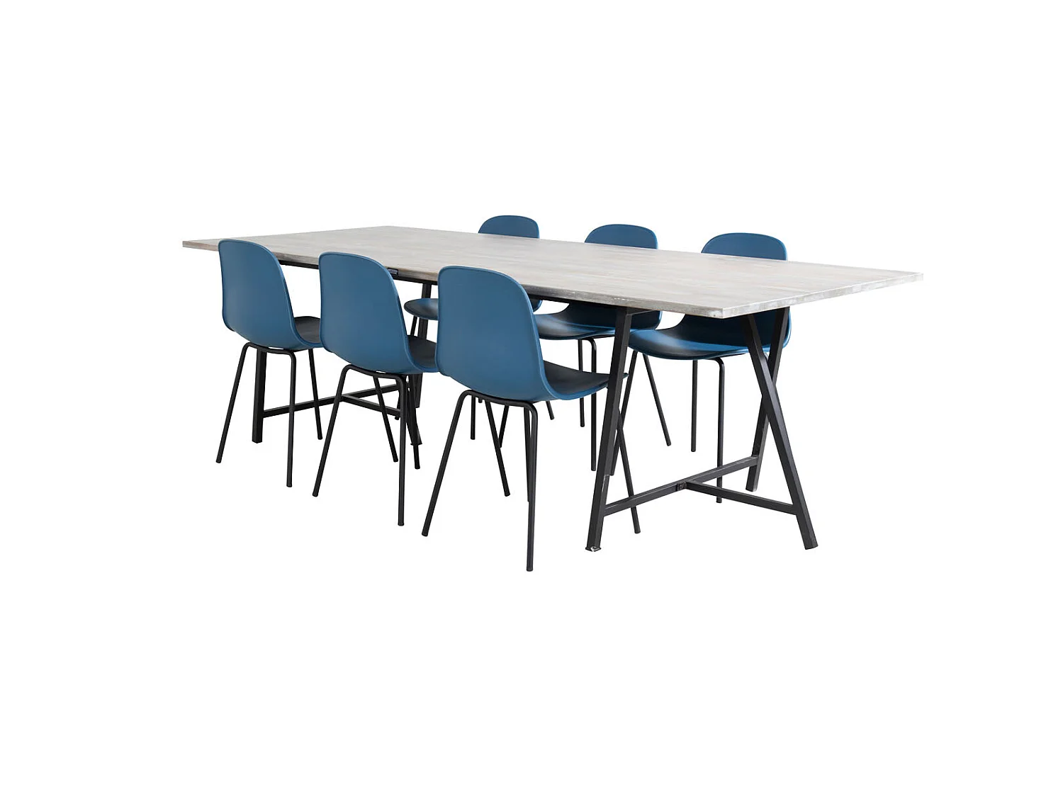 Jepara ensemble table, table teck et 6 Arctic chaises bleu, noir.