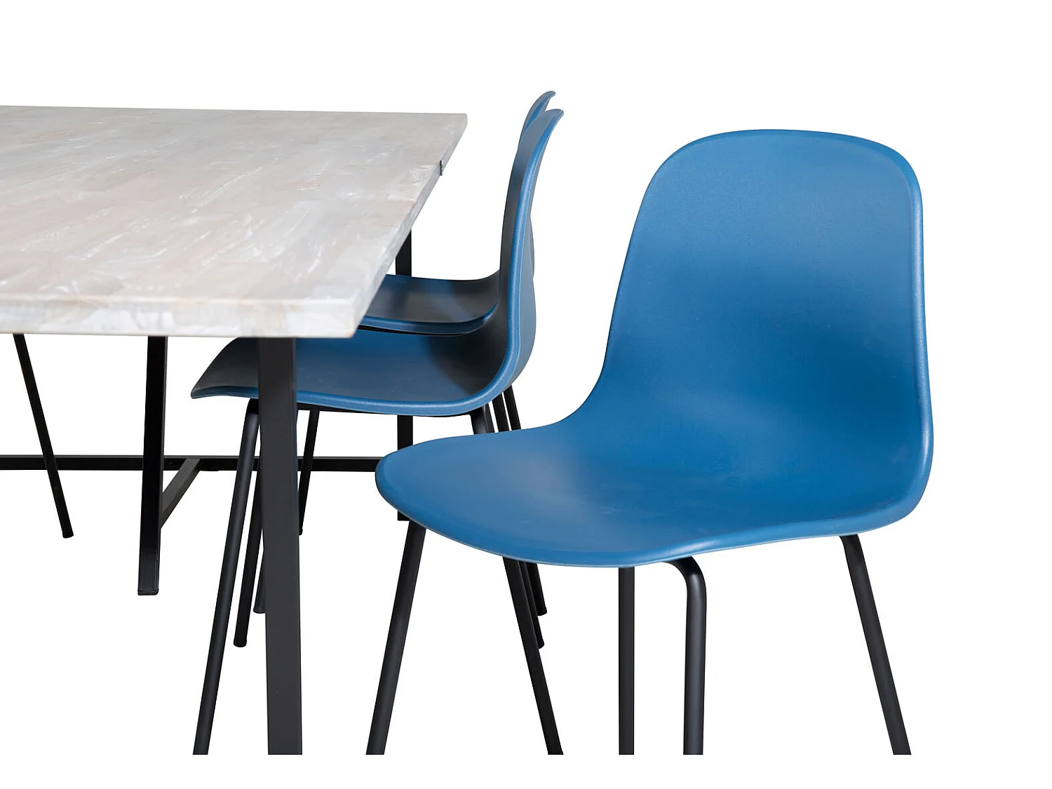 Jepara ensemble table, table teck et 6 Arctic chaises bleu, noir.
