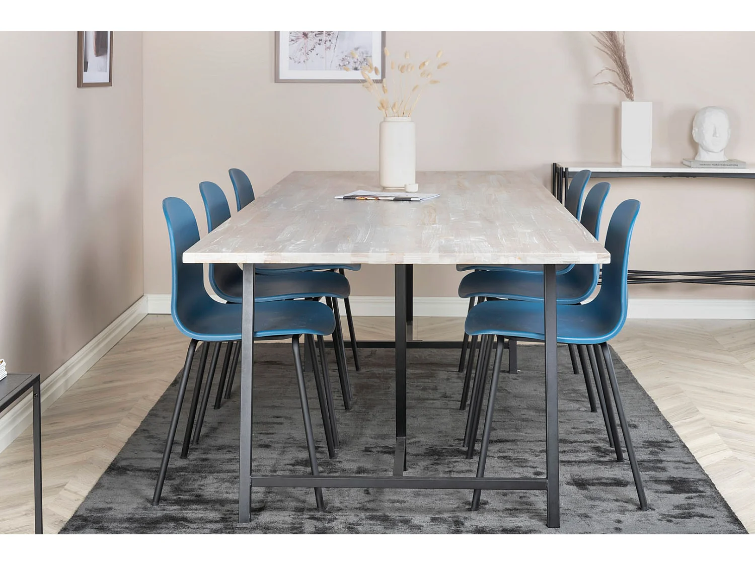 Jepara ensemble table, table teck et 6 Arctic chaises bleu, noir.