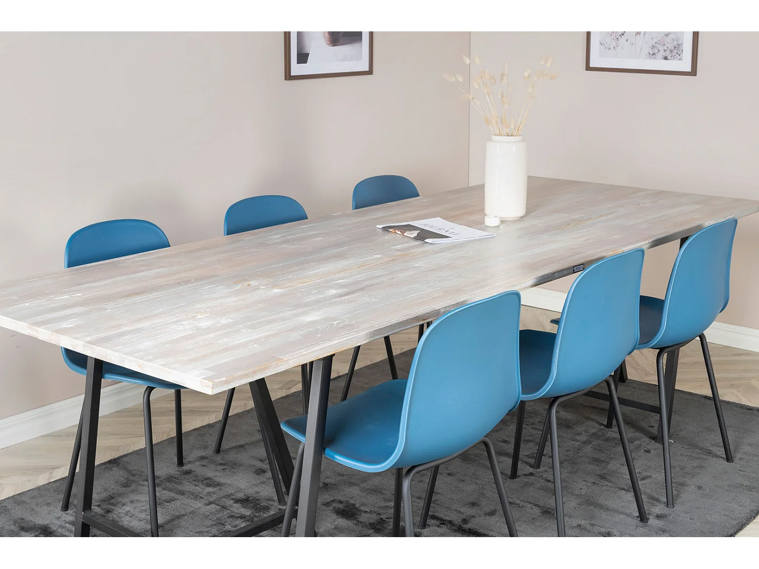 Jepara ensemble table, table teck et 6 Arctic chaises bleu, noir.