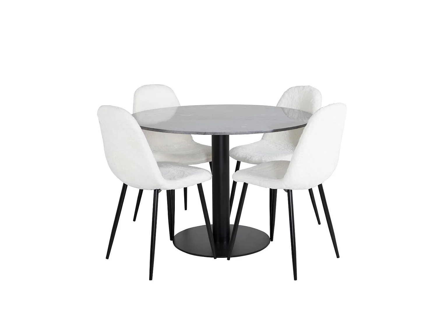 EstelleØ106BLBL ensemble table, table noir, marbre et 4 Polar Fluff chaises Teddy blanc.