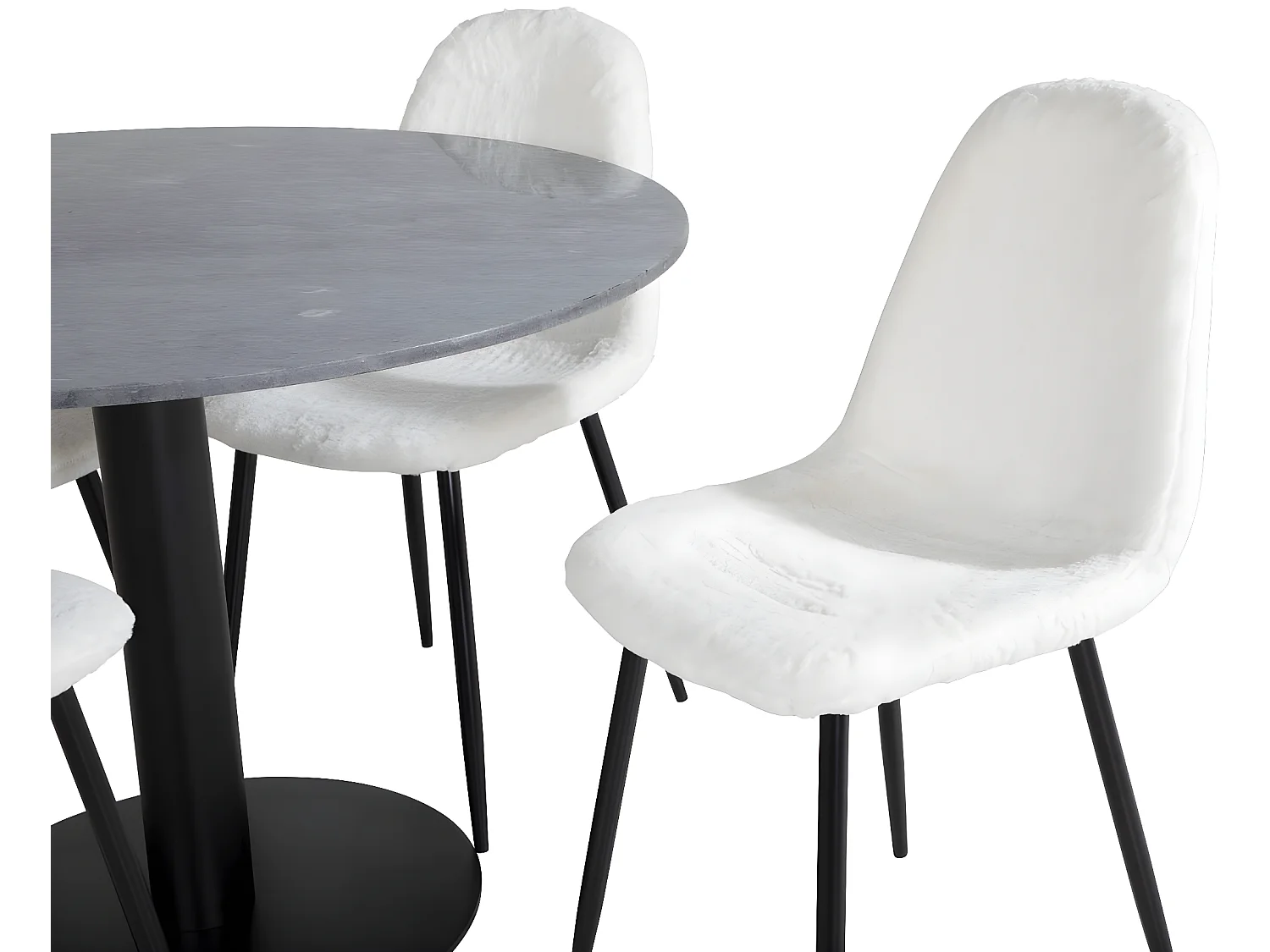 EstelleØ106BLBL ensemble table, table noir, marbre et 4 Polar Fluff chaises Teddy blanc.
