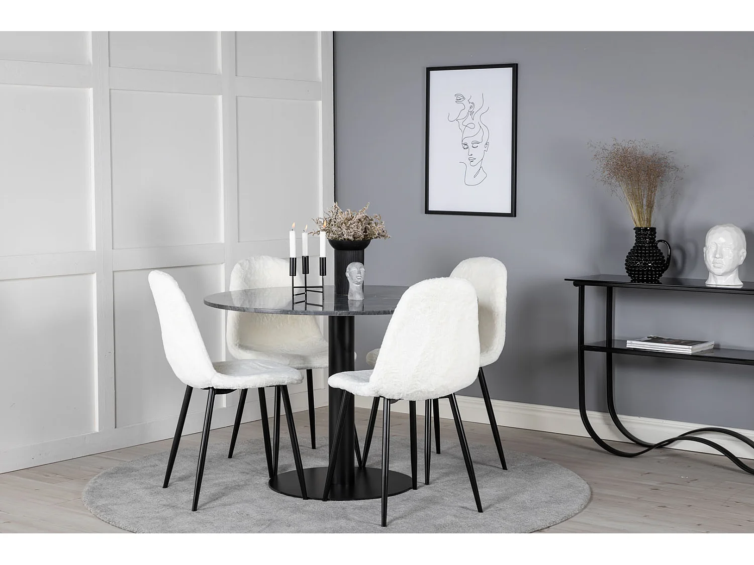 EstelleØ106BLBL ensemble table, table noir, marbre et 4 Polar Fluff chaises Teddy blanc.
