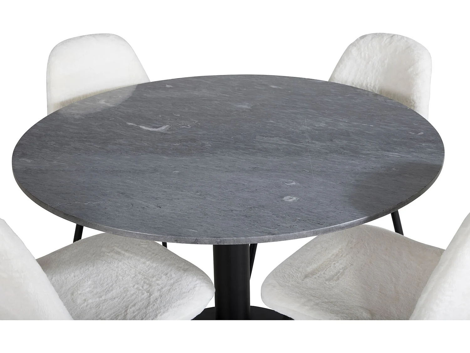 EstelleØ106BLBL ensemble table, table noir, marbre et 4 Polar Fluff chaises Teddy blanc.