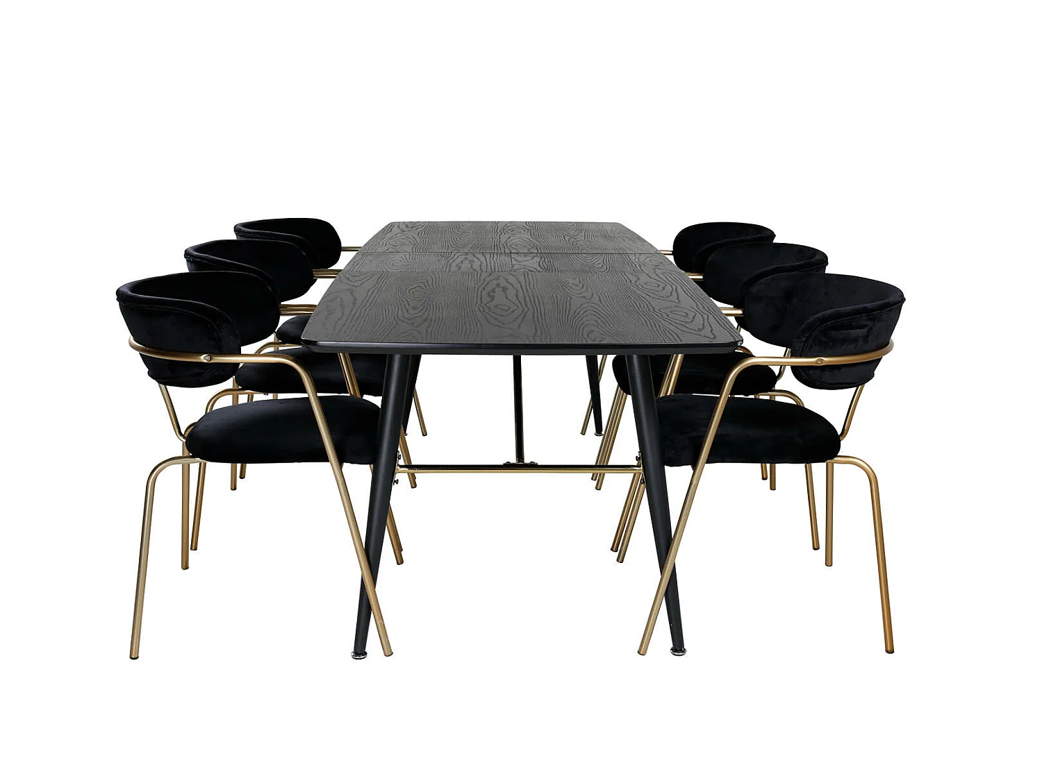 Gold ensemble table, table extensible longueur cm180 / 220 noir et 6 Arrow chaises Velours noir.
