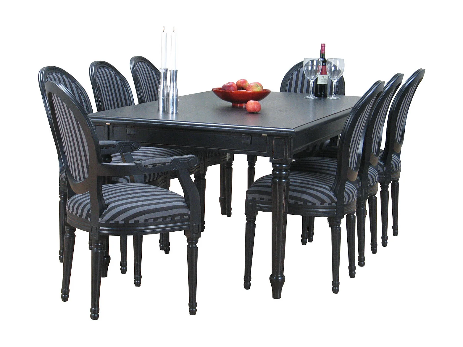 Zwart antiek patina barok eethoek Mozart met 8 Rococo stoelen zwart.