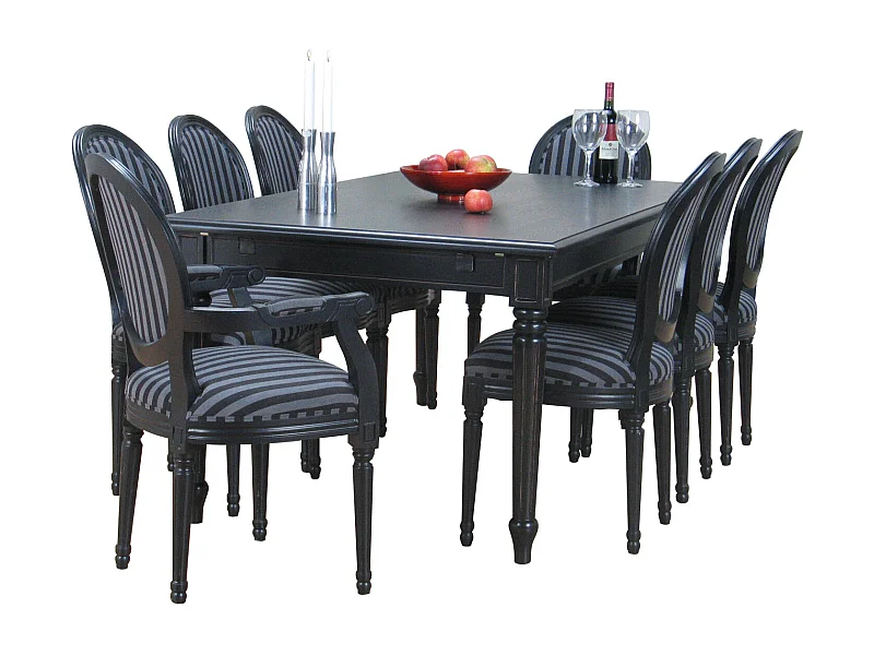 Amaretta Essgruppe 100x180/280 einsch. 2 Zusatzplatten schwarz m 2+6 Rokoko Stühlen antik schw/schw.