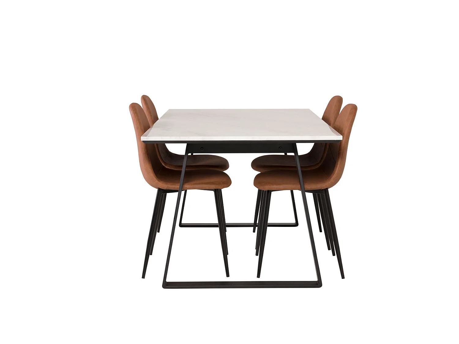 Estelle ensemble table, table marbre blanc et 4 Polar chaises Similicuir PU marron.