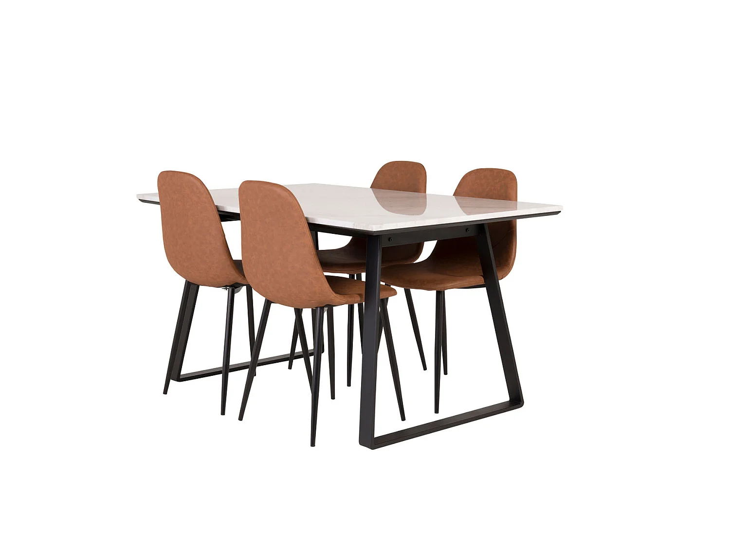 Estelle ensemble table, table marbre blanc et 4 Polar chaises Similicuir PU marron.