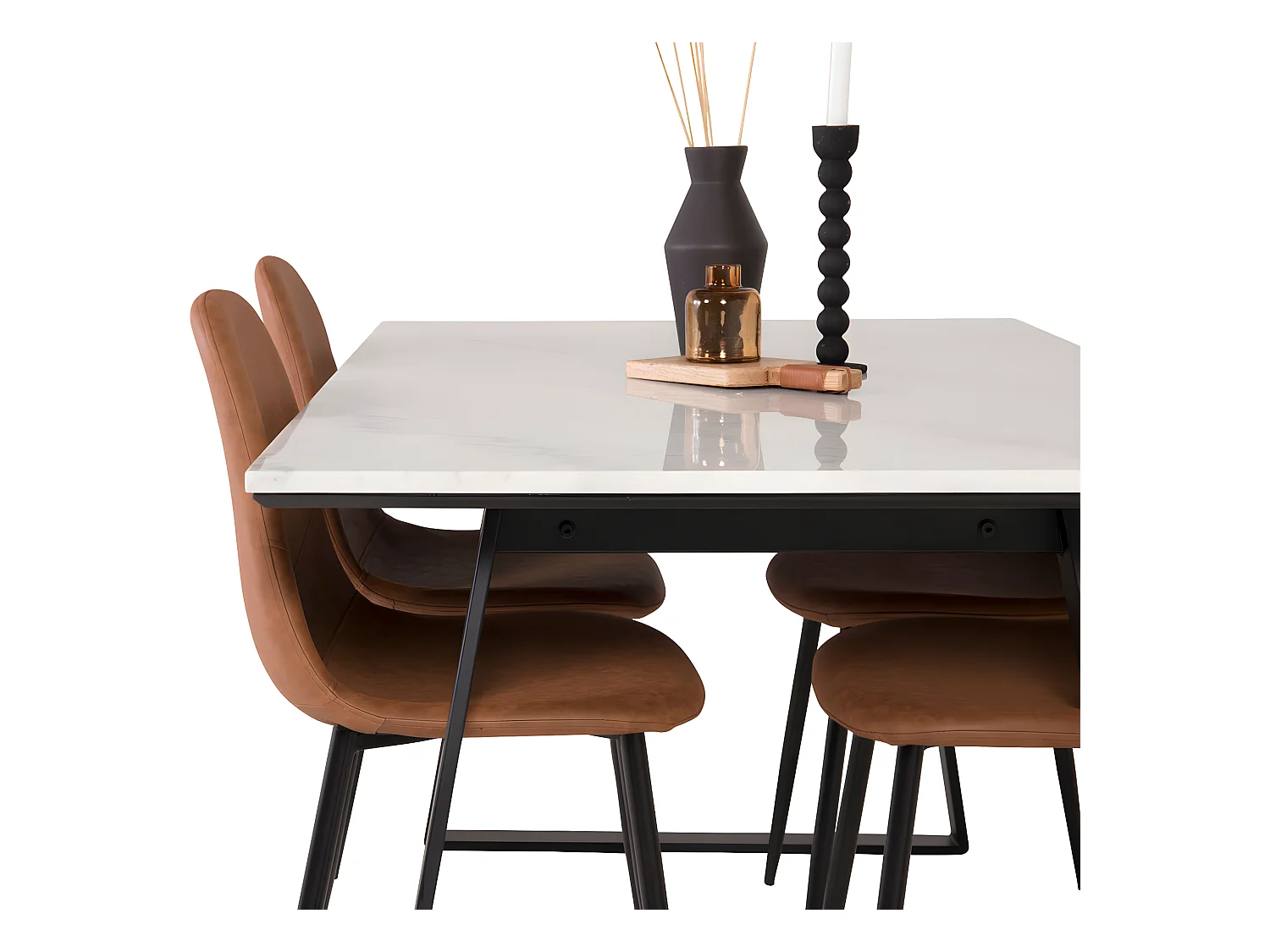 Estelle ensemble table, table marbre blanc et 4 Polar chaises Similicuir PU marron.