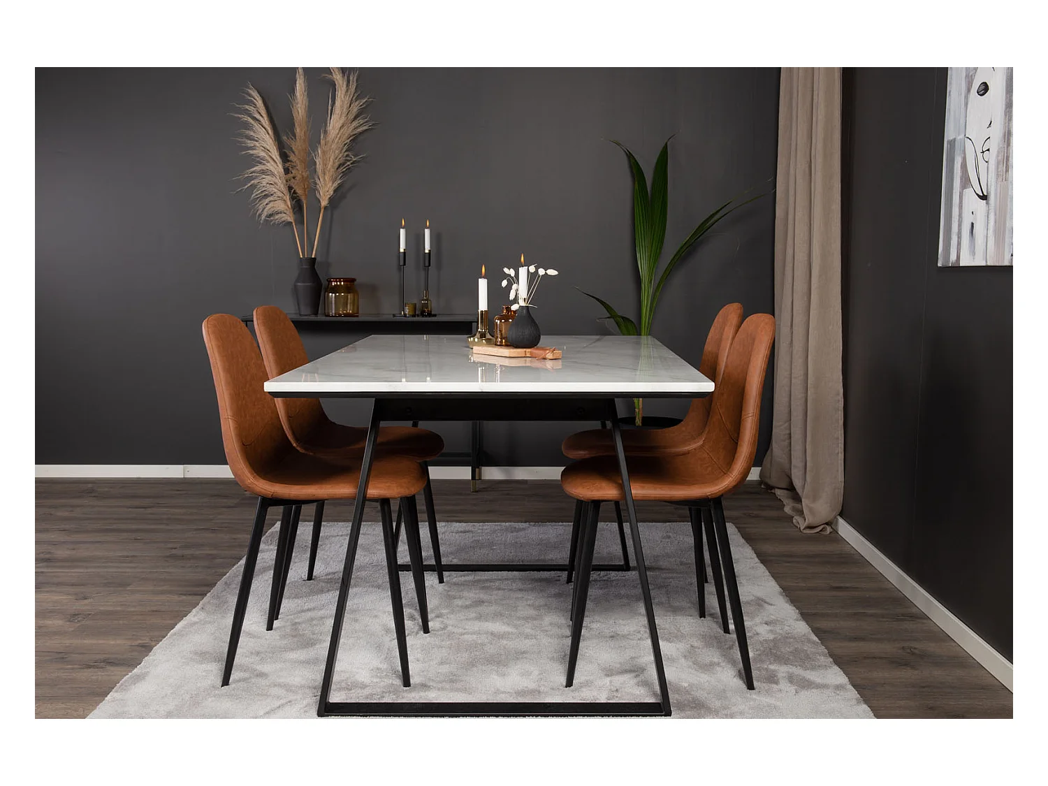 Estelle ensemble table, table marbre blanc et 4 Polar chaises Similicuir PU marron.