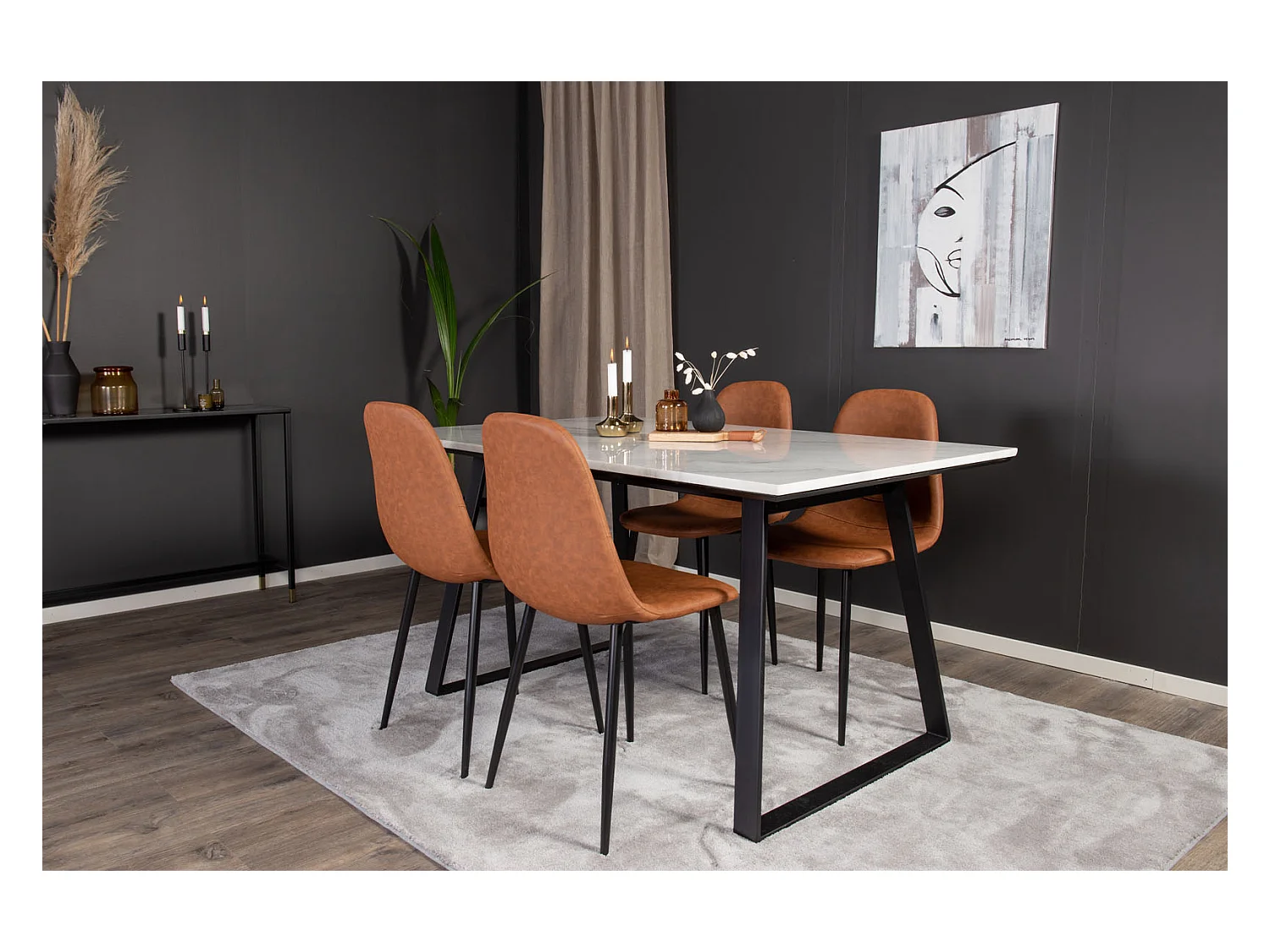 Estelle ensemble table, table marbre blanc et 4 Polar chaises Similicuir PU marron.