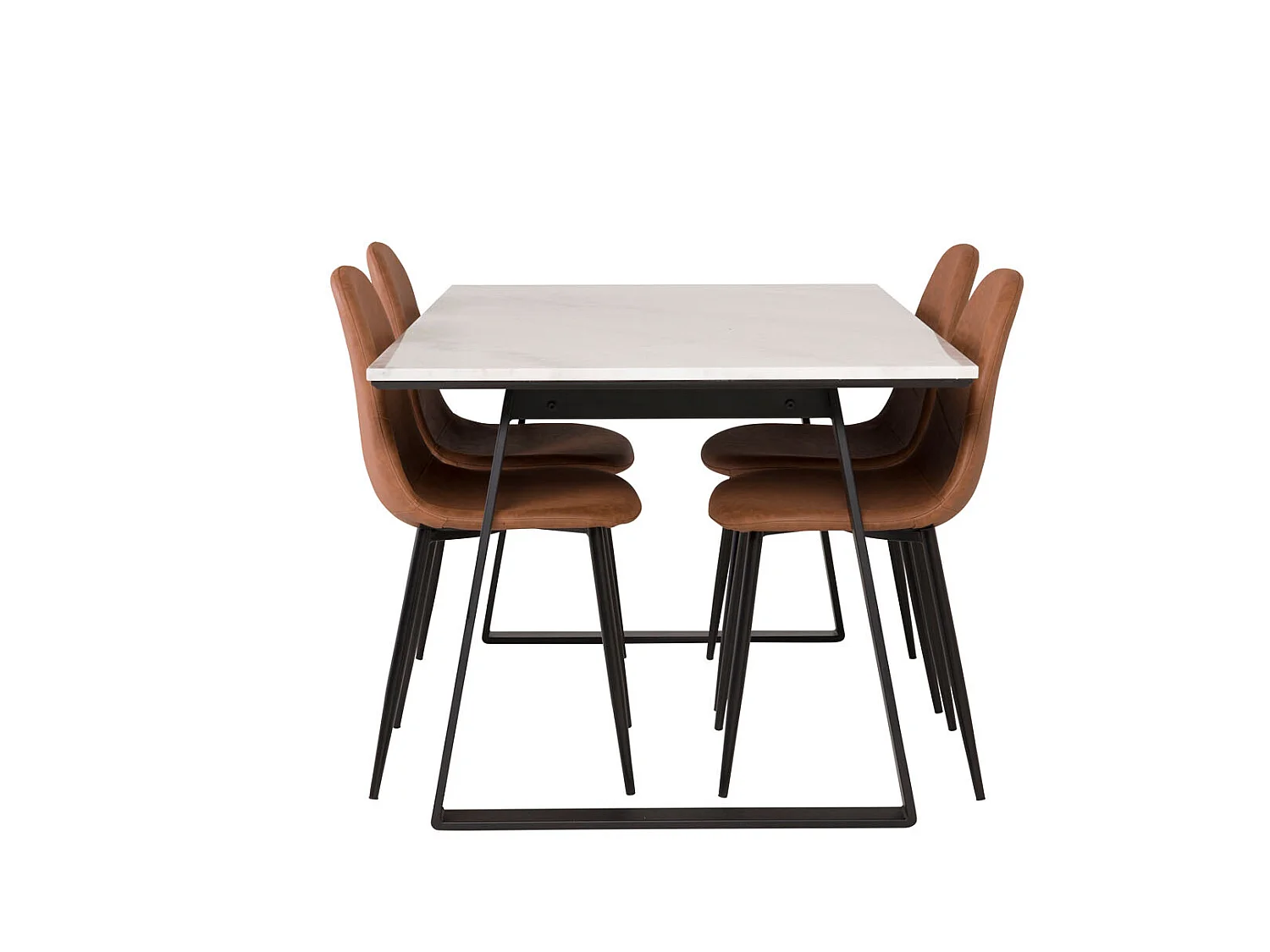 Estelle ensemble table, table marbre blanc et 4 Polar chaises Similicuir PU marron.