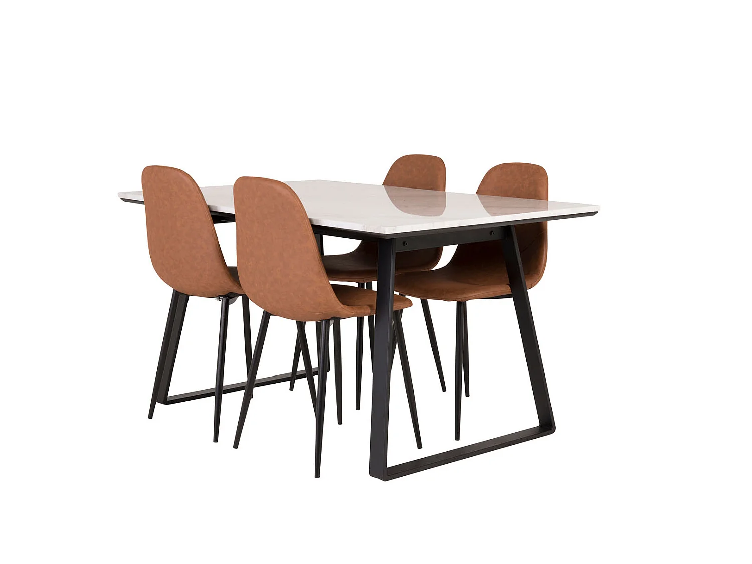 Estelle ensemble table, table marbre blanc et 4 Polar chaises Similicuir PU marron.
