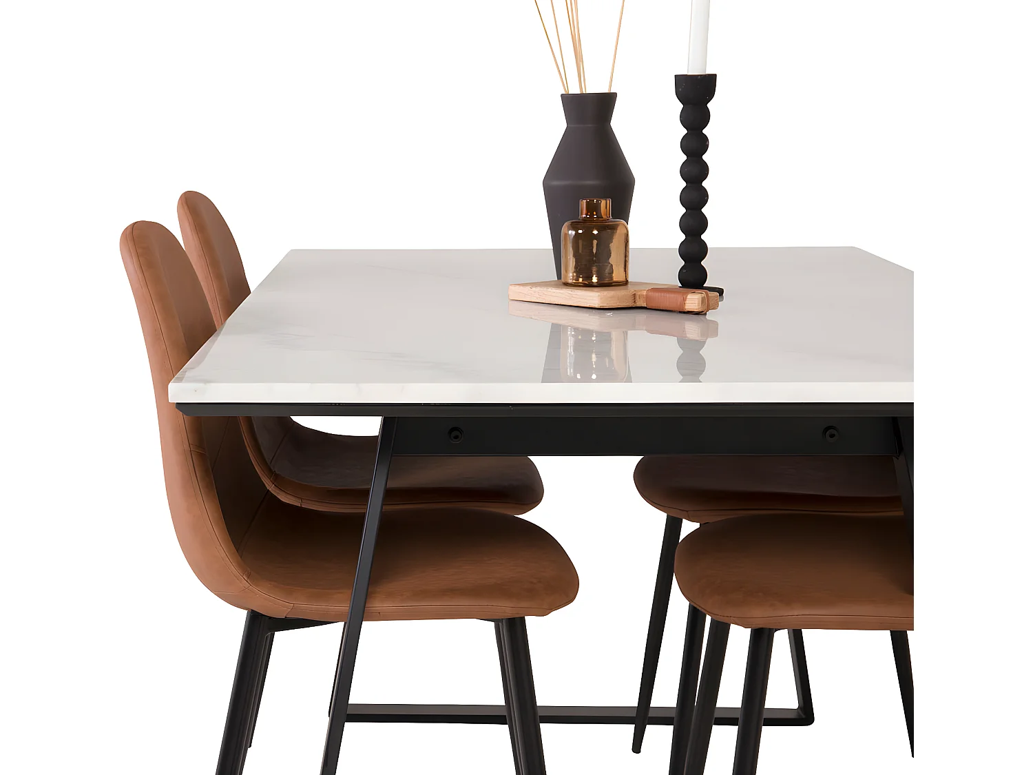 Estelle ensemble table, table marbre blanc et 4 Polar chaises Similicuir PU marron.