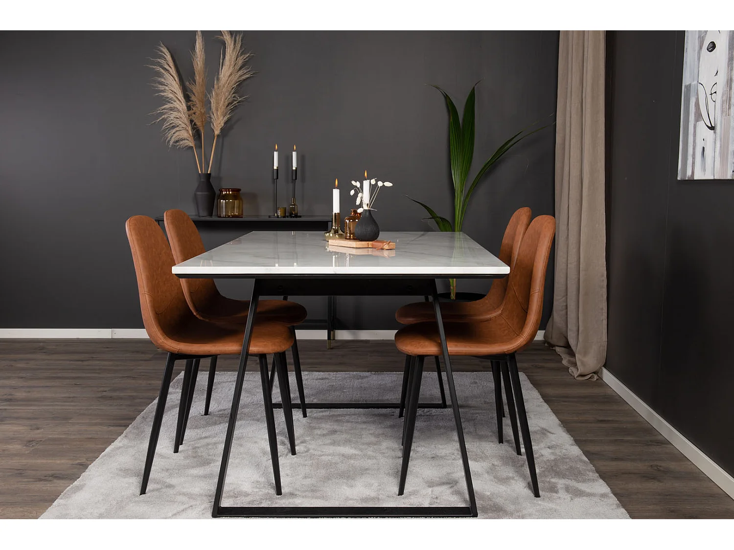 Estelle ensemble table, table marbre blanc et 4 Polar chaises Similicuir PU marron.