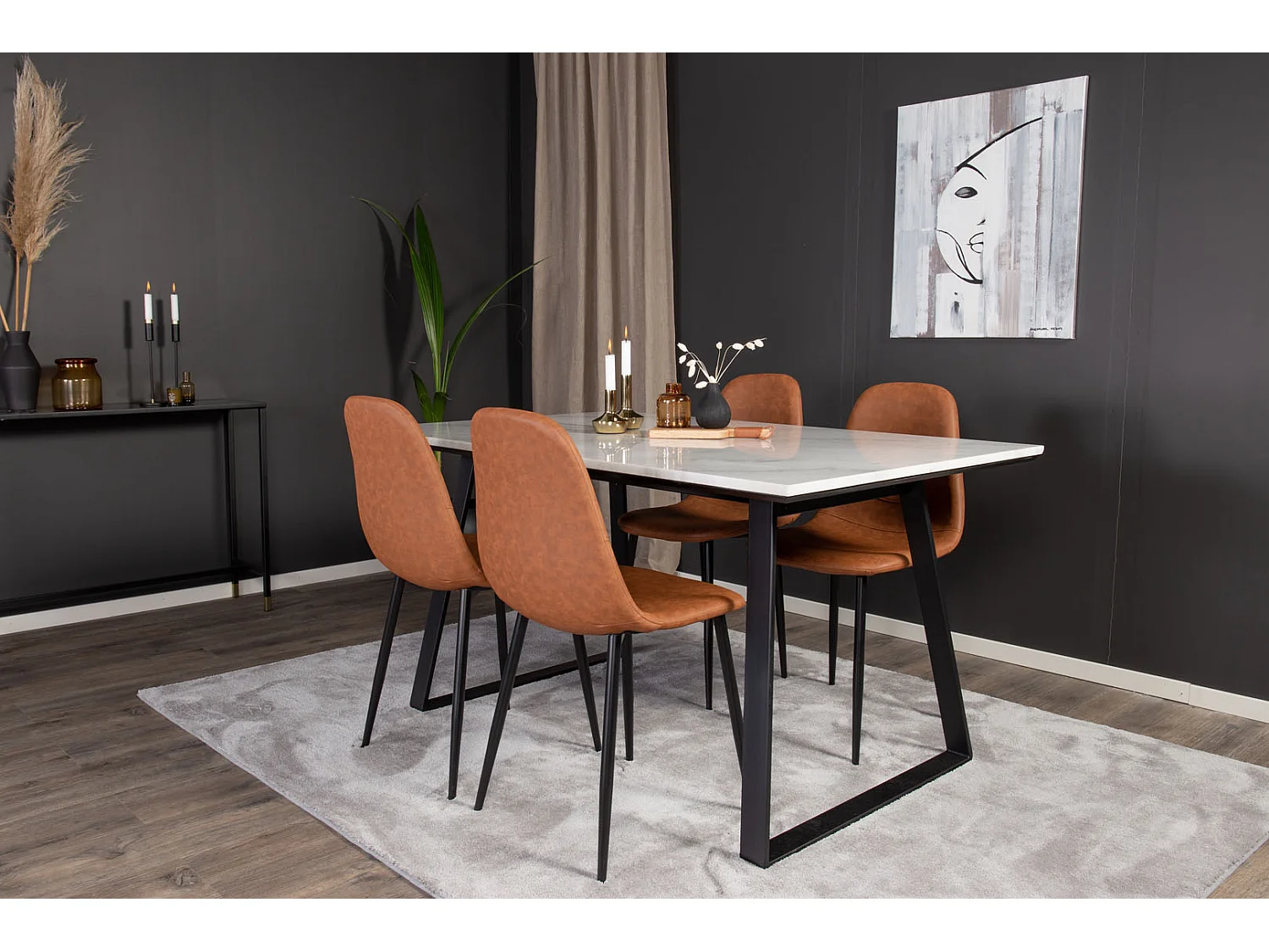 Estelle ensemble table, table marbre blanc et 4 Polar chaises Similicuir PU marron.
